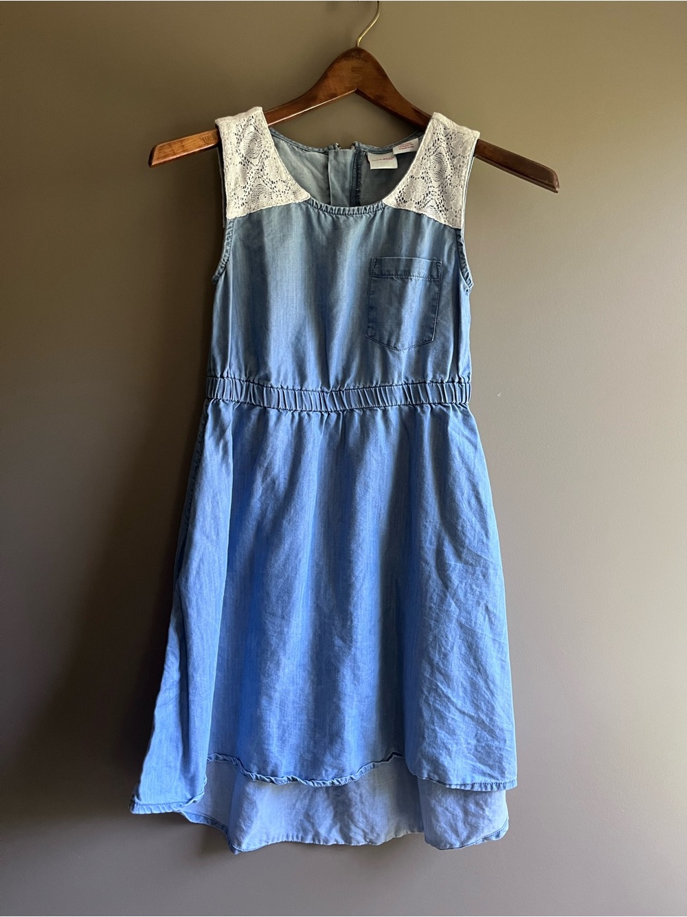 Girls Denim Light Blue Chambray high-low Dress with Lace Yoke large